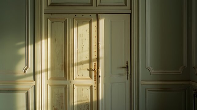 a room with a door and a window with a light coming through the door and a window with a light coming through the door.