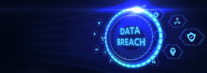 Digital business and technology concept, virtual screen showing DATA BREACH. 3d illustration