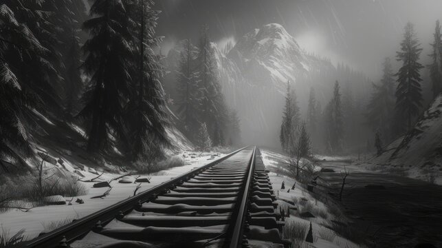 a black and white photo of a train track in the middle of a snowy forest with snow on the ground.