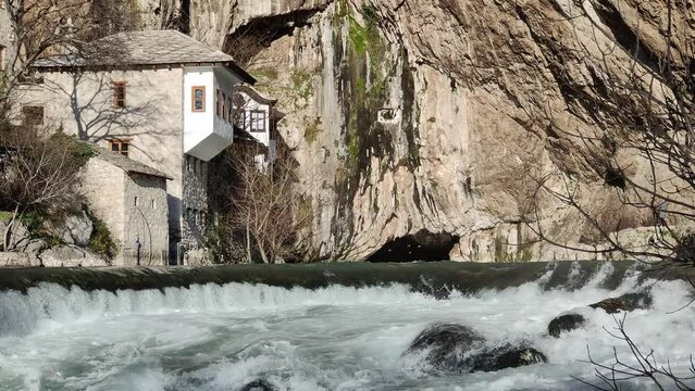 View of Tekija in Blagaj in BiH. The Tekija, dervish house, set at the source of the river Buna, was and still is a venue for dervish Zikr praise-chanting three nights weekly.