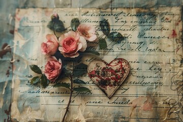 Vintage Valentine's Ephemera: Decoupage Postcard with Faded Script, Muted Tones, and Heart of Flowers in Vintage Scrapbook Style