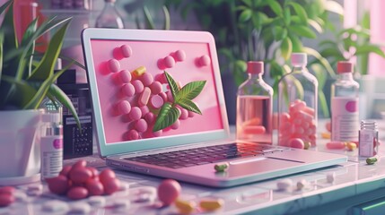 Innovative drug research on a laptop surrounded by medicine and food-grade ingredients pushing health boundaries