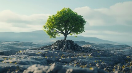Lone tree thriving on a desolate landscape bones of the earth beneath symbolizing resilience and growth - obrazy, fototapety, plakaty