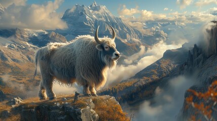 Majestic yak standing atop a national park vista breathing in the crisp morning air serene and majestic - obrazy, fototapety, plakaty