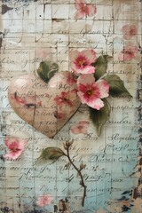 Rustic Romance: Vintage Valentine's Postcard Ephemera with Faded Script, Heart of Flowers, and Distressed Background in Vintage Shades
