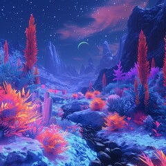 A remote icy planet inhabited by vibrant fluorescent plants - obrazy, fototapety, plakaty