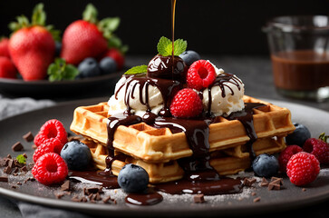 Tasty Belgian waffle with fresh berries served on a table - obrazy, fototapety, plakaty