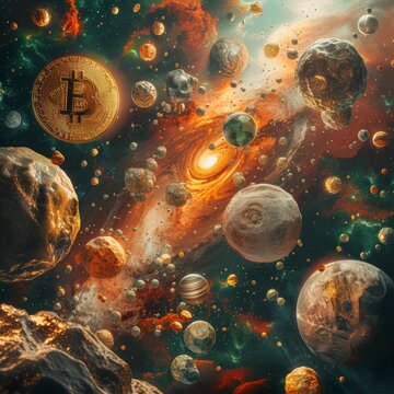 A multiverse where each universe represents a different type of cryptocurrency with each coin being a planet