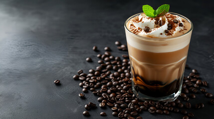 Coffee cocktail with cream and coffee beans on a black background, generative ai