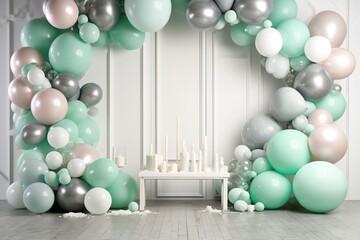 Green, white and silver balloon decorations, white cakes on white tables against white wall backgrounds, decorations for birthdays, parties and other celebrations