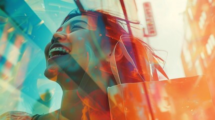 Joyful woman shopping in city, vibrant colors reflecting exciting urban consumer lifestyle