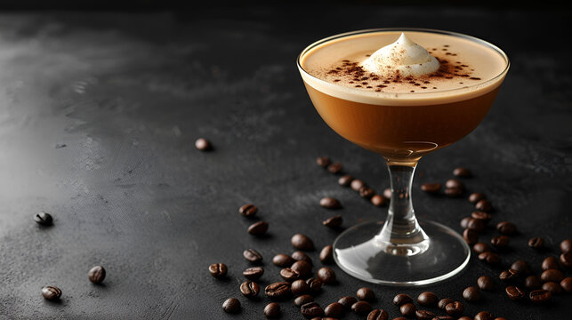 Coffee cocktail with cream and coffee beans on a black background, generative ai