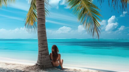 Fototapeta na wymiar a woman in a bikini sitting under a palm tree on a beach with the ocean and sky in the background.