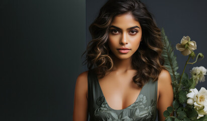 Naklejka premium Elegant Beauty in Olive Green: A Sophisticated Portrait with Floral Accents, Open Empty Text Copy Space Used for a Poster, Announcement, Invitation, or Sign