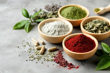 Earth's Bounty: Creating the Perfect Background for Dietary Supplements Using Green, Red, and White Clay, Green Tea Leaves, and Natural Ingredients on a Neutral Palette