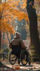 A girl in a wheelchair paints a picture in the park