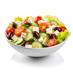 Delicious Greek salad in a white bowl, isolated on white background