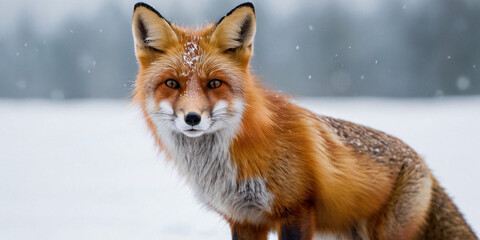 A red fox stands in the snow against the backdrop of a winter landscape.