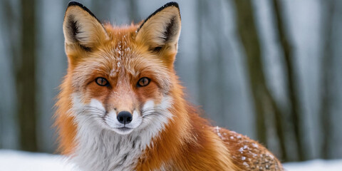 Fototapeta premium A red fox stands in the snow against the backdrop of a winter landscape.