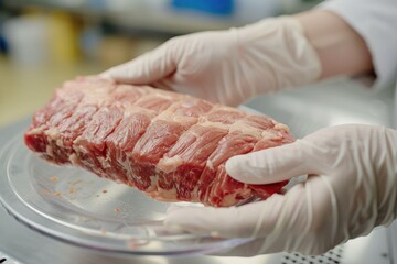 Synthetically grown artificial meat close-up in the hands of a scientist or laboratory worker. Beef grown in a laboratory. Production of synthetic meat.