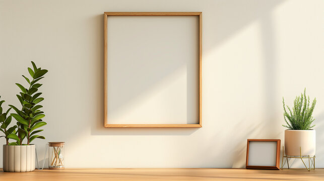 Frame mockup, ISO A paper size. mockup of small wood frame on a wall. Interior mockup with house background. Modern interior design. 3D render