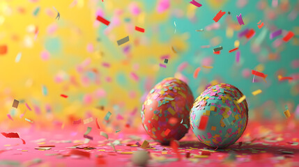 Obraz na płótnie Canvas Celebratory Confetti Rain over Colorful Easter Eggs: A Festive Display of Joy and Celebration