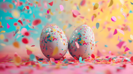 Fototapeta na wymiar Celebratory Confetti Rain over Colorful Easter Eggs: A Festive Display of Joy and Celebration