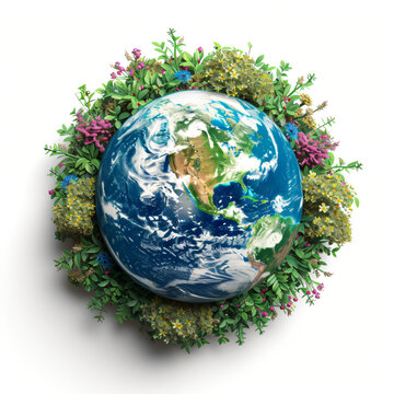 Earth globe with green leaves and plants isolated on white background. Environment and conservation concept. International Mother Earth Day. Environmental problems and protection. Caring for nature