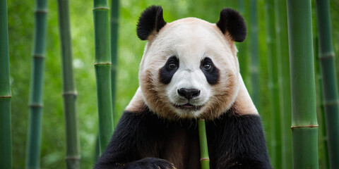 A panda cub in a green bamboo forest tries to eat bamboo branches.