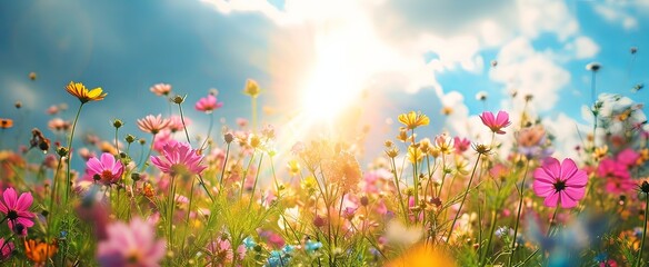 Obraz na płótnie Canvas Flowers banner with Wildflowers in Sunlight Against Blue Sky