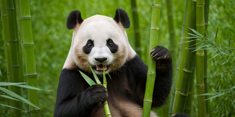 A panda cub in a green bamboo forest tries to eat bamboo branches.