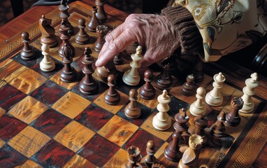 An elderly hand makes a thoughtful chess move, reflecting the wisdom and patience acquired over years of gameplay..