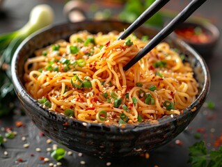 A bowl of noodles with chili-garlic oil. The bowl contains wide, flat noodles coated in a glistening, spicy garlic oil, with noticeable flecks of red chili flakes and crushed garlic. - obrazy, fototapety, plakaty