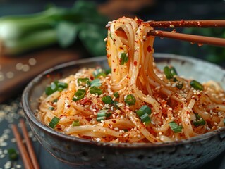 A bowl of noodles with chili-garlic oil. The bowl contains wide, flat noodles coated in a glistening, spicy garlic oil, with noticeable flecks of red chili flakes and crushed garlic.