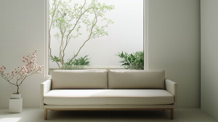 A couch sitting by a window, in the style of zen-like tranquility, subtle tonal range