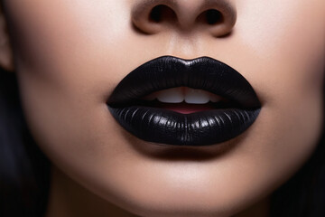 The black hue of her black lipstick adorns her lips like a precious organ, highlighting their allure in a captivating closeup