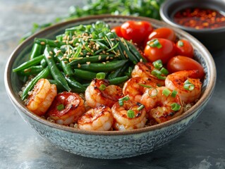 Bowl with quinoa and shrimp. Mixed bowl with vegetables, quinoa and shrimp. Bowl with quinoa, roasted shrimp, endame beans, cherry tomatoes, herbs with garlic chili sauce
