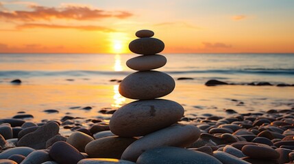 balance stack of zen stones on beach during an emotional and peaceful sunset, golden hour on the beach