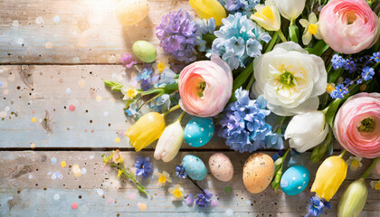 Obraz na płótnie Canvas Colorful spring flowers with easter eggs on rustic light wooden planks with copy space for your text. Celebration concept, greeting card