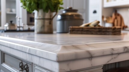 Close-up of a Kitchen Countertop with Marble Finish, Perfect for Real Estate and Home Design Concepts
