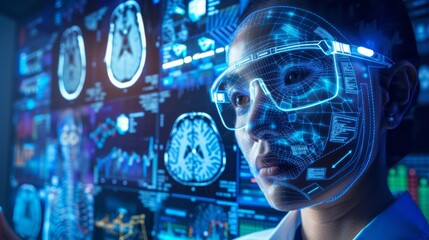 Person with a digital face mask displaying brain scan data, representing themes of virtual reality, medical technology, and futuristic diagnostics