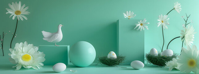 Ethereal Nest: A Harmonious Blend of Spring and New Beginnings Amidst a Tranquil Green Backdrop