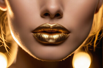 Fototapeta premium The golden hue of her golden lipstick adorns her lips like a precious organ, highlighting their allure in a captivating closeup