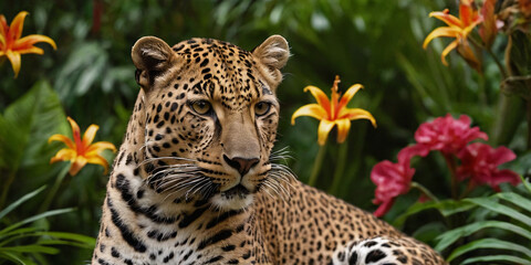 Naklejka premium Leopard against a background of tropical plants and flowers.