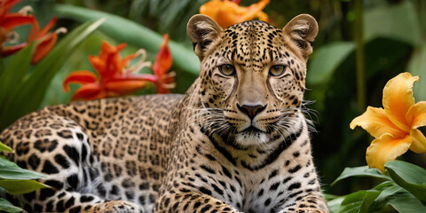 Leopard against a background of tropical plants and flowers.