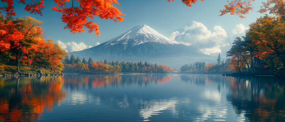 Mount Fuji in the foreground is a lake, an important tourist attraction in the world of Asia, beautiful images, background images, mountains, trees, streams, nature, images generated by AI