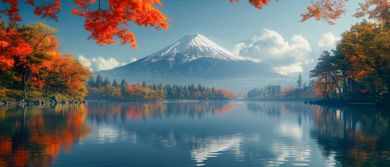 Papier Peint photo Mont Fuji Mount Fuji in the foreground is a lake, an important tourist attraction in the world of Asia, beautiful images, background images, mountains, trees, streams, nature, images generated by AI