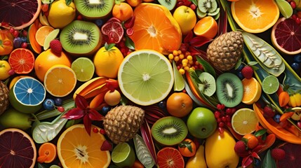 a close up of a bunch of fruit with pineapples, oranges, kiwis, apples, grapes, pineapples, and pineapples.