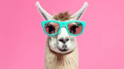 Poster Creative animal concept. Llama in sunglass shade glasses isolated on solid pastel background, commercial, editorial advertisement, surreal surrealism © Zainab