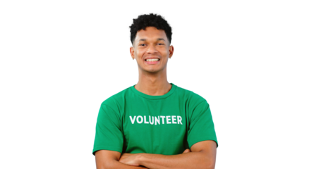 Man, volunteer and portrait or non profit charity or outreach project or social responsibility, community service or help. Male person, ngo or isolated transparent png background, climate or campaign